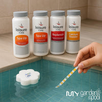Leisure Time Cold Plunge Kit – Spa Up, Spa Down, Replenish, Calcium Booster (All 2 lb) – with My Garden Pool Scum Sponge & 7-in-1 Pool & Spa Test Strips (20 ct) – Water Balance for Cold Plunge Tubs