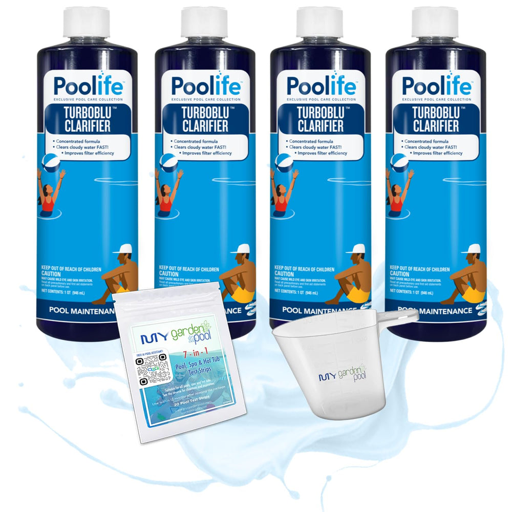 Poolife TurboBlu Clarifier – Concentrated Pool Water Clarifier for Clear Water – Boosts Filter Efficiency – Includes My Garden Pool Scum Socks, 7-in-1 Test Strips & Pool-IQ AI Assistant 2 Pack