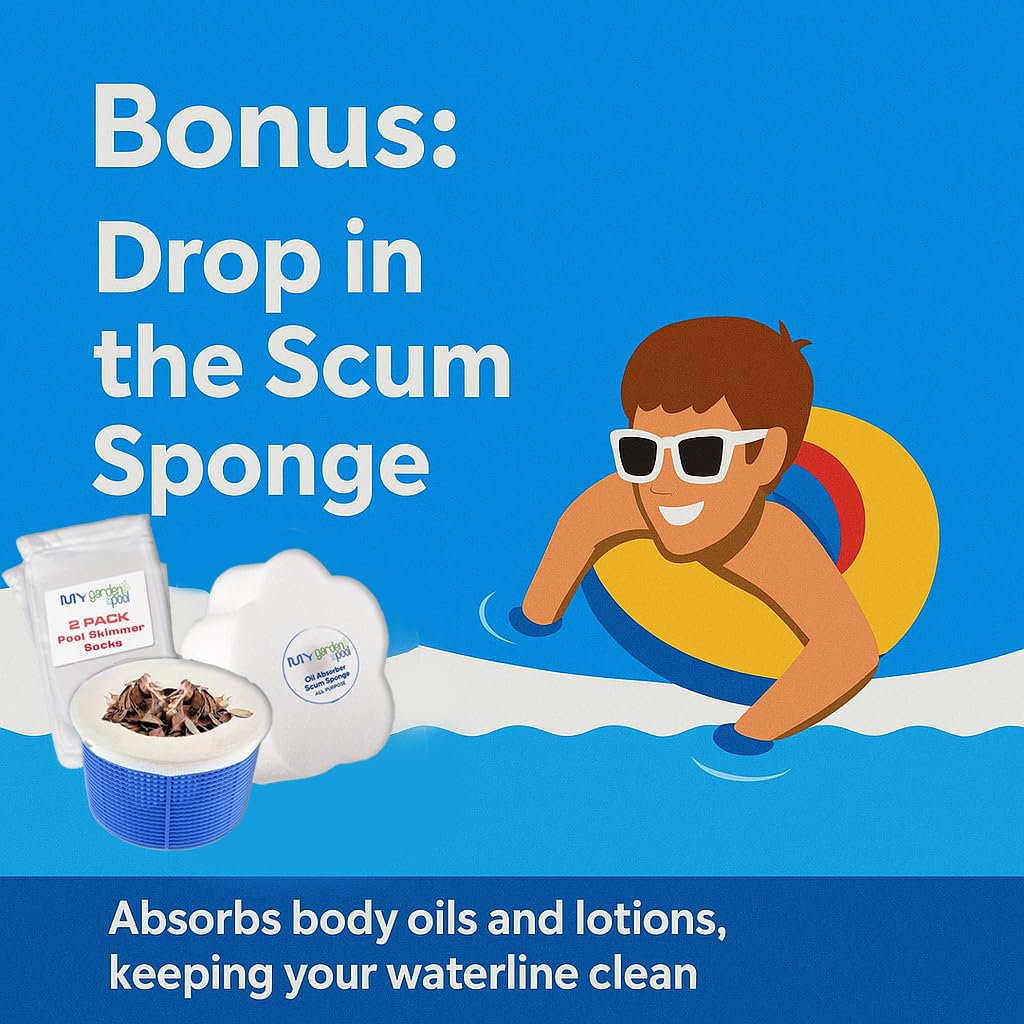 Poolife Basic Start-Up Pool Bundle – 1 lb TurboShock, Clarifier, AlgaeKill II, Stain Preventer – with My Garden Pool Skimmer Socks, Scum Sponge & 7-in-1 Pool Test Strips (20 ct)