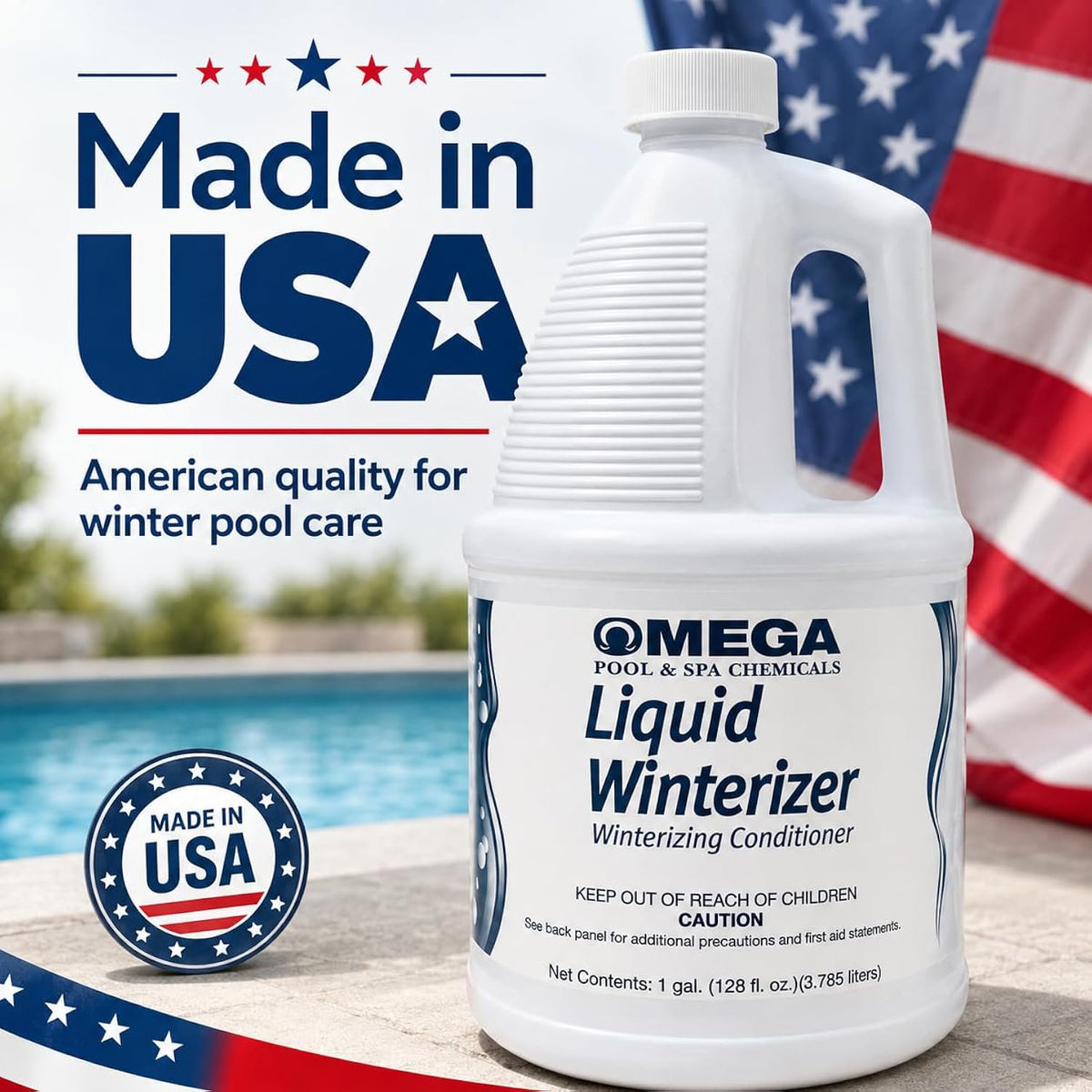 Omega Liquid Winterizer 1 Gallon Pool & Spa Winterizing Conditioner with My Garden Pool 2 Filter Drain Plugs, Seat Removal Tool, 7-in-1 Test Strips & Pool-IQ