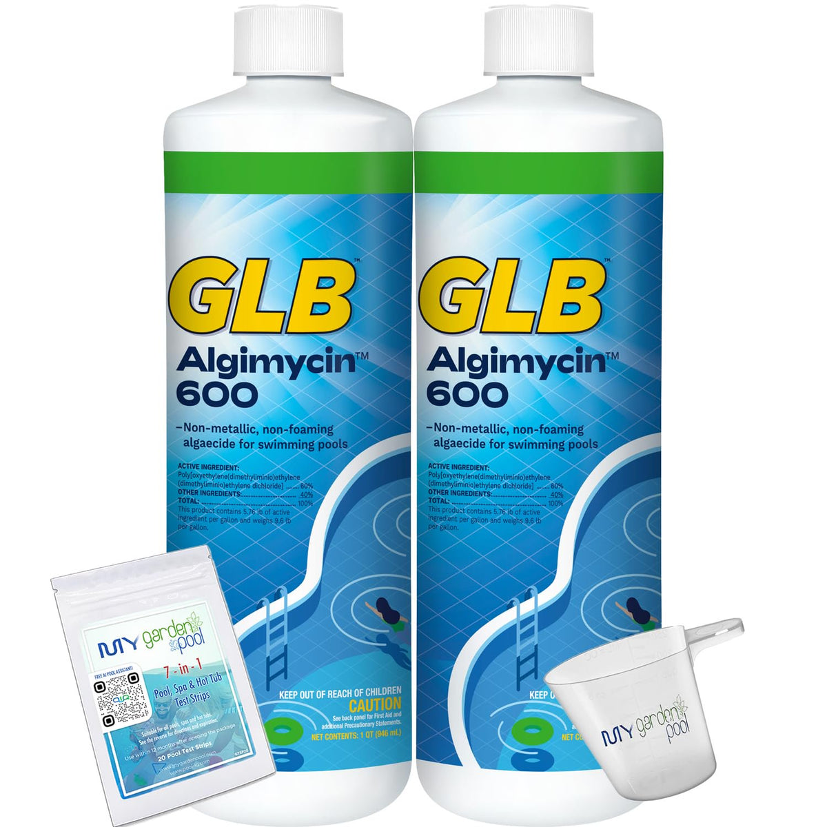 GLB Algimycin 600 Algaecide 32 FL OZ 71108A with My Garden Pool 7 in 1 Test Strips and Measuring Cup, 2 Pack