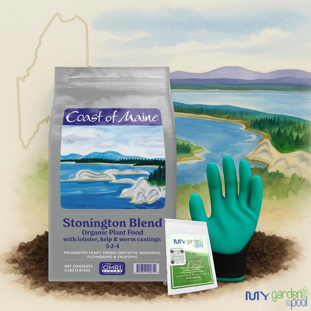 Coast of Maine SP6000 Stonington Plant Food 4 LB – Organic Soil Builder for Vegetables & Flowers with My Garden Pool Soil Test Strips & Claw Gardening Gloves