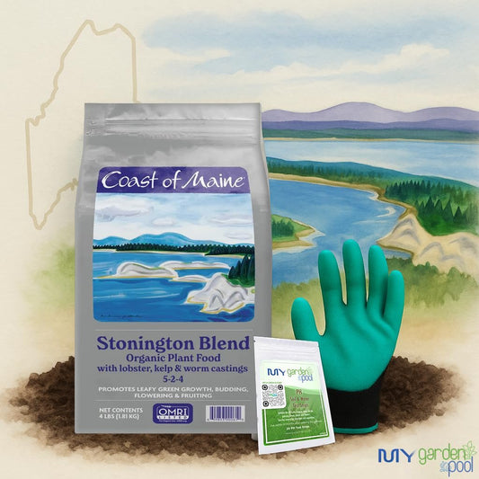 Coast of Maine SP6000 Stonington Plant Food 4 LB – Organic Soil Builder for Vegetables & Flowers with My Garden Pool Soil Test Strips & Claw Gardening Gloves