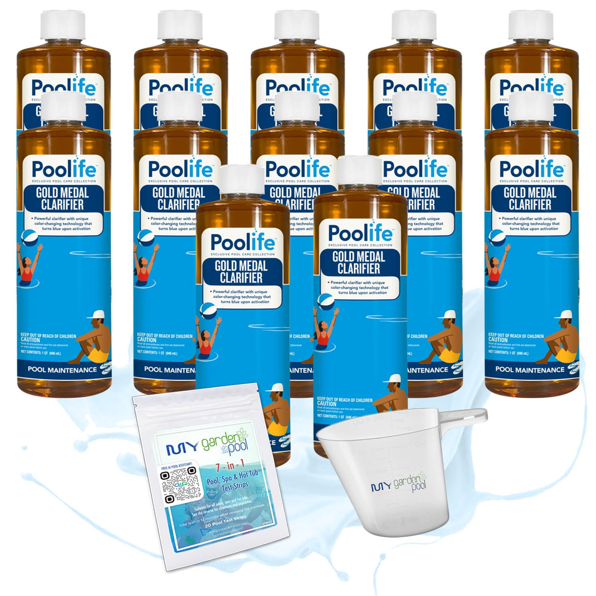 Poolife Gold Medal Clarifier – Super Concentrated Swimming Pool Water Clarifier with Color-Changing Formula – Includes My Garden Pool Measuring Cup and 7-in-1 Test Strips - 12 Pack