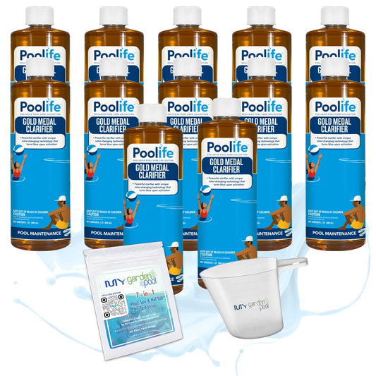 Poolife Gold Medal Clarifier – Super Concentrated Swimming Pool Water Clarifier with Color-Changing Formula – Includes My Garden Pool Measuring Cup and 7-in-1 Test Strips - 12 Pack