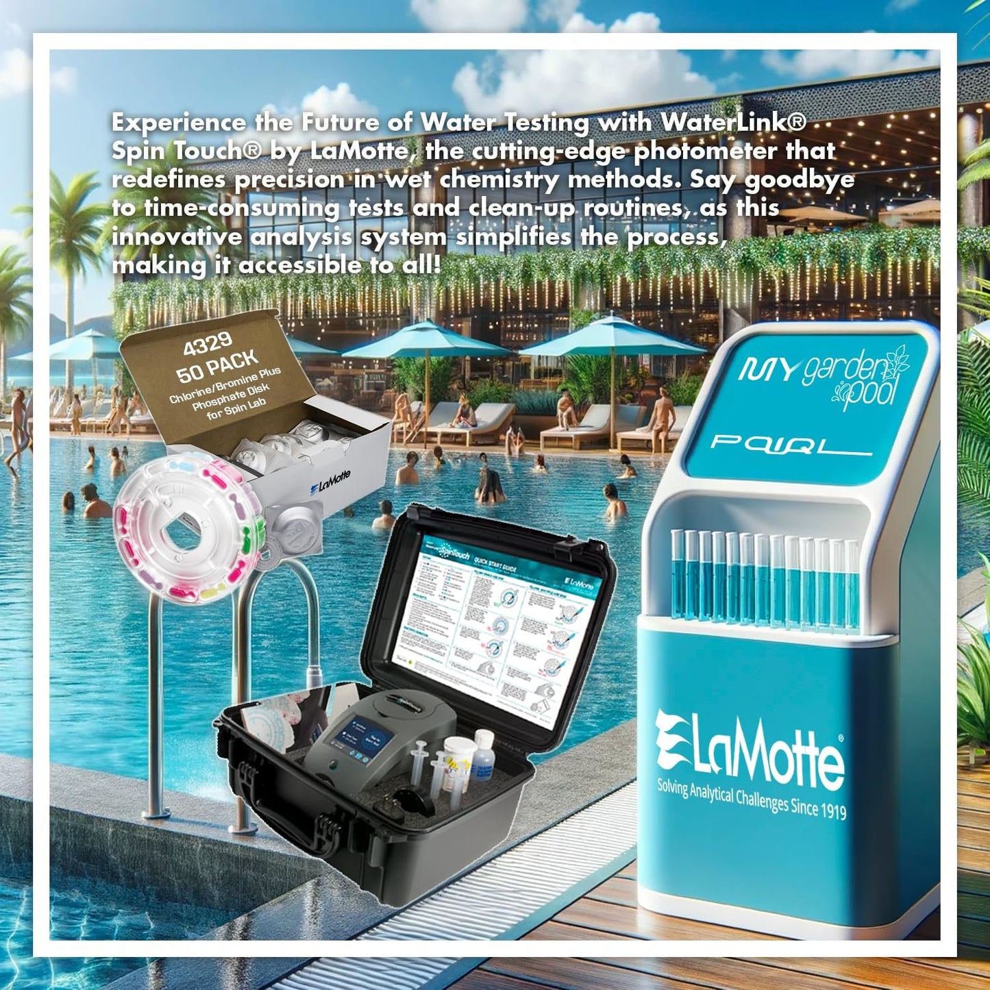 Lamotte WaterLink Spin Touch Kit; 3581 Mobile Spin Touch Lab, 4329 Chlorine/Bromine Plus Phosphate Disk, 50 ct; Carry Case and My Garden Pool Aquarium, Terrarium, Pool & Spa Test Strips, 100 ct.