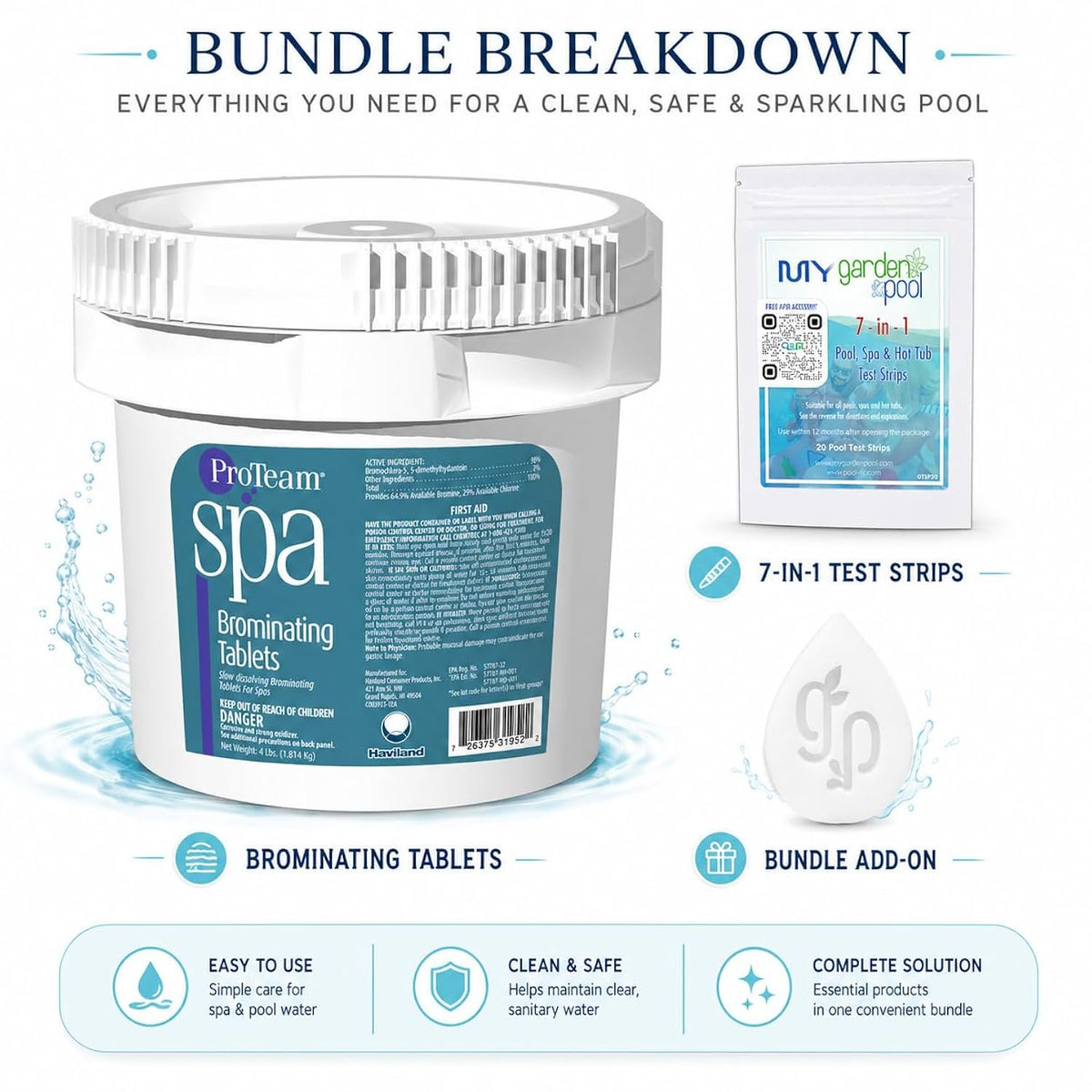 ProTeam Spa Brominating Tablets 4 LBS with My Garden Pool 20 Ct. Test Strips & Scum Sponge Oil-Absorbing Sponge for Hot Tubs and Pools