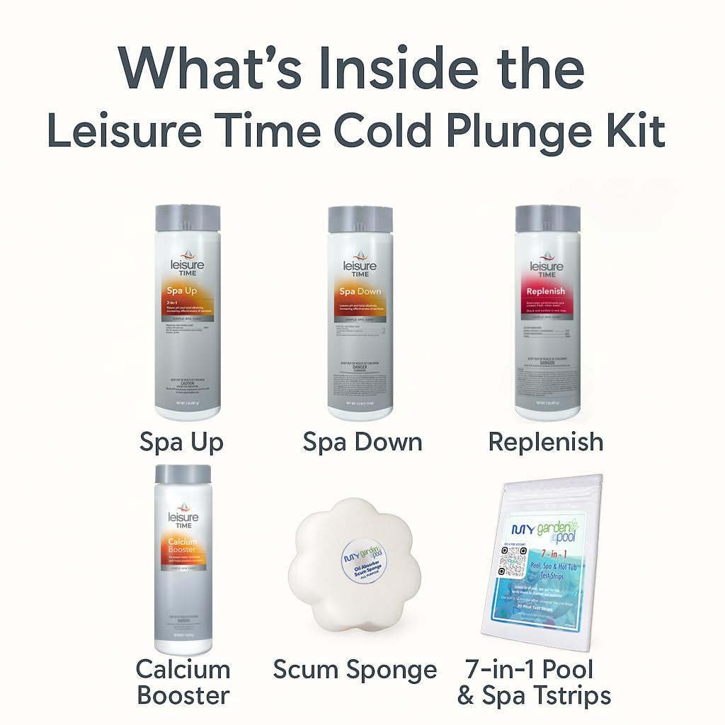 Leisure Time Cold Plunge Kit – Spa Up, Spa Down, Replenish, Calcium Booster (All 2 lb) – with My Garden Pool Scum Sponge & 7-in-1 Pool & Spa Test Strips (20 ct) – Water Balance for Cold Plunge Tubs