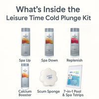 Leisure Time Cold Plunge Kit – Spa Up, Spa Down, Replenish, Calcium Booster (All 2 lb) – with My Garden Pool Scum Sponge & 7-in-1 Pool & Spa Test Strips (20 ct) – Water Balance for Cold Plunge Tubs