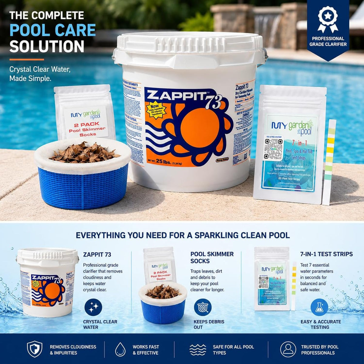 Zappit 73% Cal-Hypo Dry Chlorinating Granules 50 LB Bucket – Bactericide, Algaecide, and Fast Dissolving Shock with My Garden Pool Skimmer Socks and 7-in-1 Test Strips. – Powerful Chlorine Shock