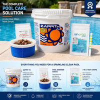 Zappit 73% Cal-Hypo Dry Chlorinating Granules 50 LB Bucket – Bactericide, Algaecide, and Fast Dissolving Shock with My Garden Pool Skimmer Socks and 7-in-1 Test Strips. – Powerful Chlorine Shock