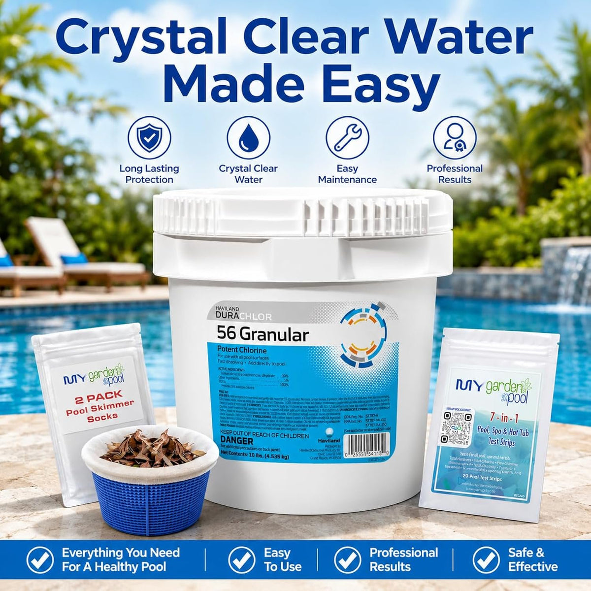 Haviland Durachlor 56 Granular 10 lb with My Garden Pool Scum Socks, Test Strip & Pool-IQ AI Assistant