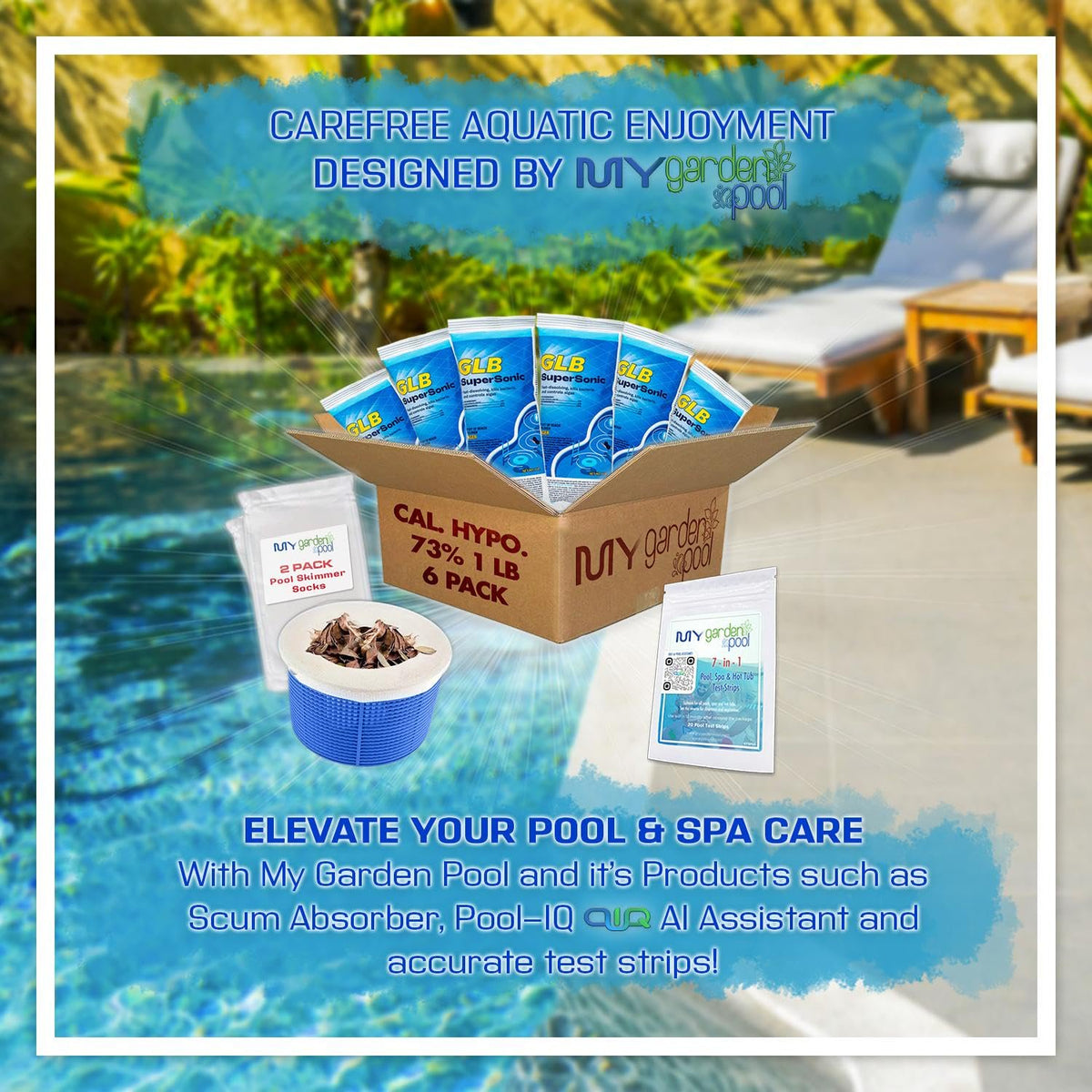 GLB Supersonic 73% Cal-Hypo Shock, 1 lb., Case of 6 - Complete Pool Care Kit with My Garden Pool Skimmer Sock and 7-in-1 Test Strips, 60 ct. – Powerful Chlorine Shock for Clear Swimming Water