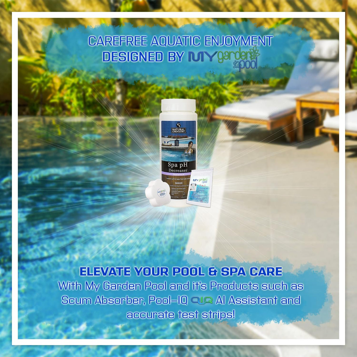 Natural Chemistry 14203NCM Hot Tub and Spa PH Decreaser with My Garden Pool 20 Ct. Test Strips & Scum Sponge Flower Oil-Absorbing Sponge for Hot Tubs and Pools