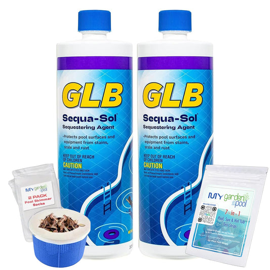 GLB Super Sequa-Sol 2 LB (71024A) Pool Metal Remover & Scale Preventer, Includes My Garden Pool 2 Skimmer Socks & 7-in-1 Test Strips, 2-Pack