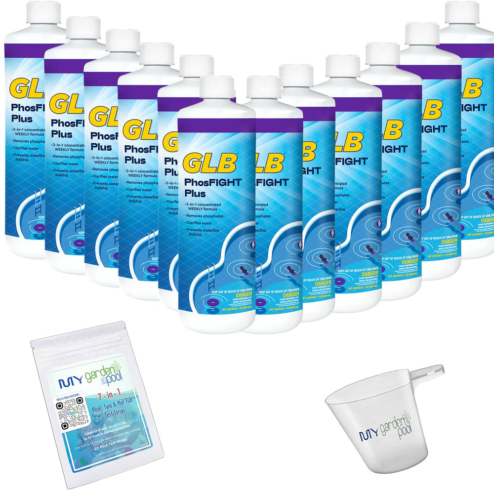 GLB PhosFIGHT Plus 32 FL OZ (71271) Pool Maintenance Phosphate Control with My Garden Pool Measuring Cup & Test Strips, 12-Pack