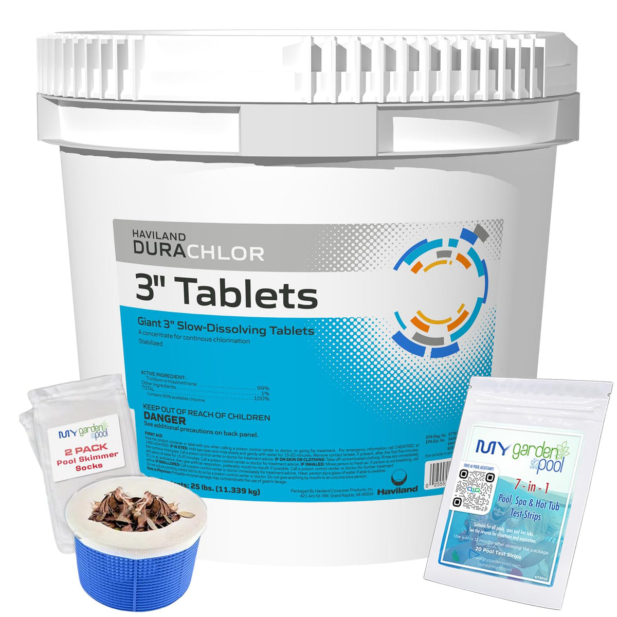 Haviland Durachlor 3 Inch Tabs 25 lb with My Garden Pool Scum Socks, Test Strip & Pool-IQ AI Assistant