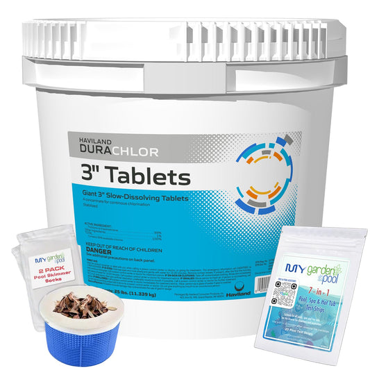 Haviland Durachlor 3 Inch Tabs 25 lb with My Garden Pool Scum Socks, Test Strip & Pool-IQ AI Assistant
