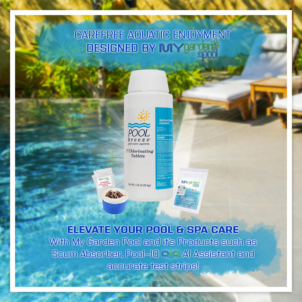 Pool Breeze 1" Chlorinating Tablets 88419 – 5 lb – Long Lasting Pool Chlorine – with My Garden Pool 7 in 1 Test Strips & Scum Socks