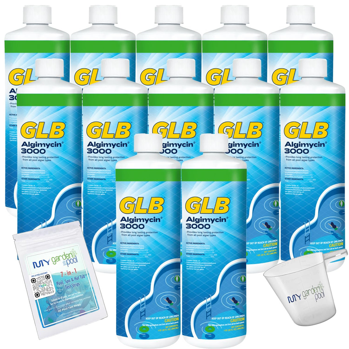 GLB Algimycin 3000 Algaecide 32 FL OZ 71105A with My Garden Pool 7 in 1 Test Strips and Measuring Cup, 12 Pack
