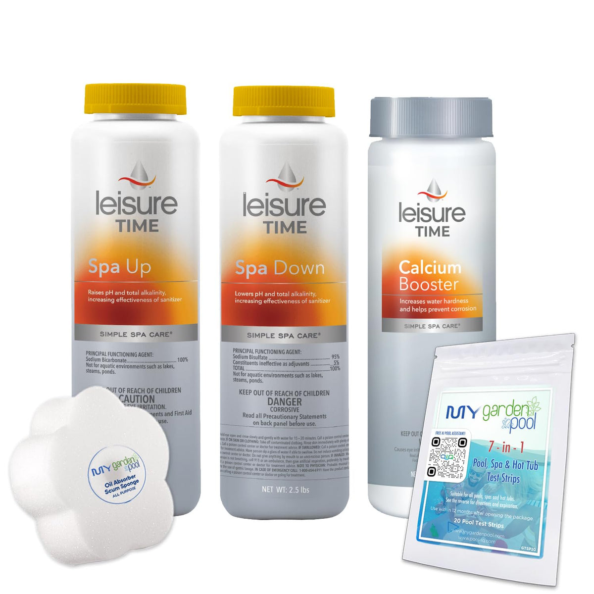 Leisure Time Spa Care Bundle: Spa Up, Spa Down, Calcium Booster with My Garden Pool 20 Ct. Test Strips & Scum Sponge Flower Oil-Absorbing for Hot Tubs and Pools - IQ, Smart Pool AI Assistant!