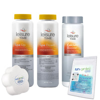 Leisure Time Spa Care Bundle: Spa Up, Spa Down, Calcium Booster with My Garden Pool 20 Ct. Test Strips & Scum Sponge Flower Oil-Absorbing for Hot Tubs and Pools - IQ, Smart Pool AI Assistant!