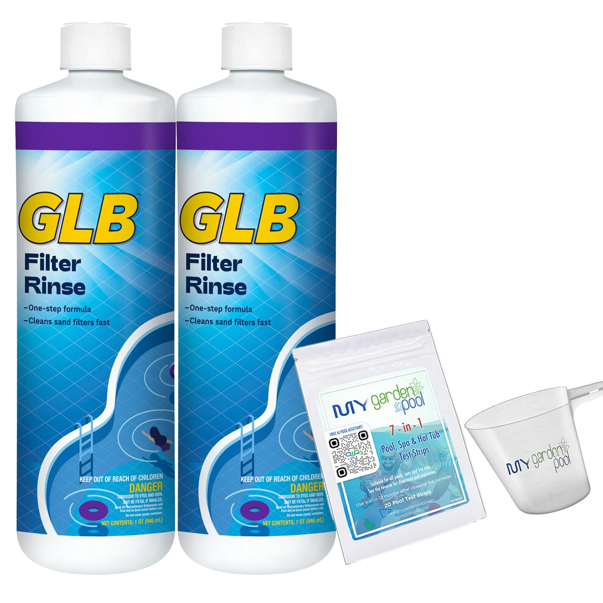 GLB Filter Rinse 32oz (71014A) 2-Pack with My Garden Pool 7-in-1 Test Strips & Measuring Cup – Deep Filter Cleaning for Clear Pool Water