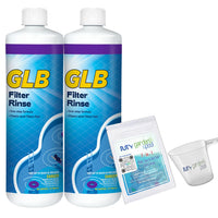 GLB Filter Rinse 32oz (71014A) 2-Pack with My Garden Pool 7-in-1 Test Strips & Measuring Cup – Deep Filter Cleaning for Clear Pool Water