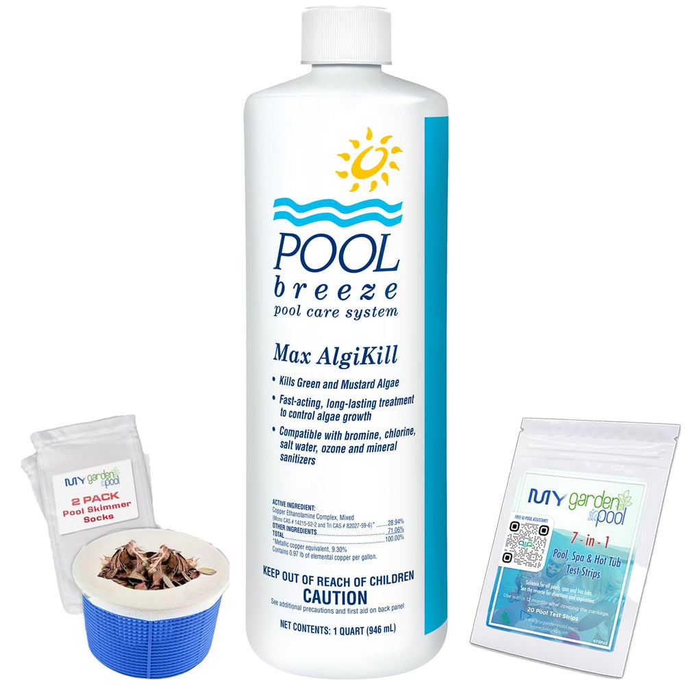 Pool Breeze Max AlgiKill Algicide 88587 – 32 oz – Extra Power Algae Control – with My Garden Pool 7 in 1 Test Strips & Scum Socks