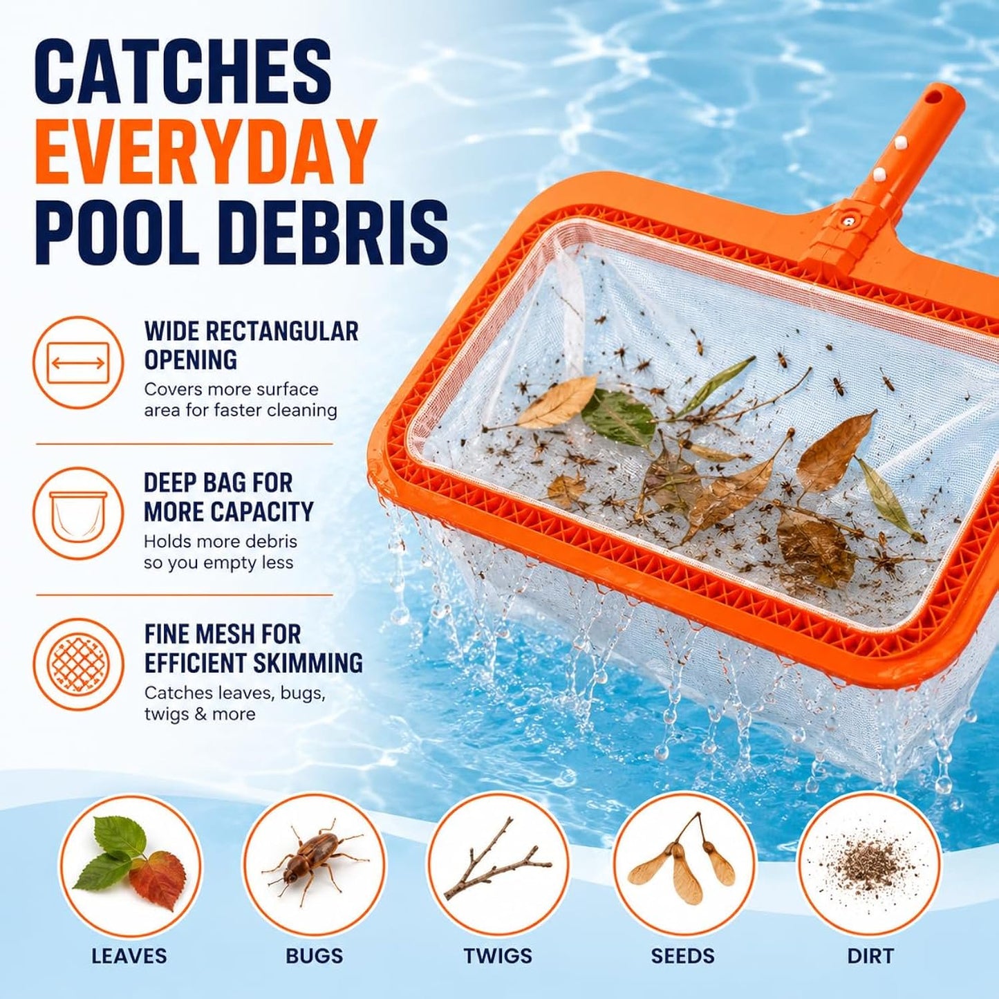 My Garden Pool Rectangular Pool Skimmer Net with Deep Fine Mesh Bag, Includes 2-Pack Skimmer Socks, 20-Count 7-in-1 Pool & Spa Test Strips and Pool-IQ Access, Universal Pole Fit, Made in USA
