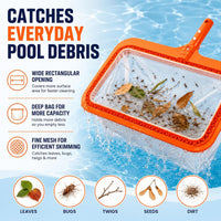 My Garden Pool Rectangular Pool Skimmer Net with Deep Fine Mesh Bag, Includes 2-Pack Skimmer Socks, 20-Count 7-in-1 Pool & Spa Test Strips and Pool-IQ Access, Universal Pole Fit, Made in USA