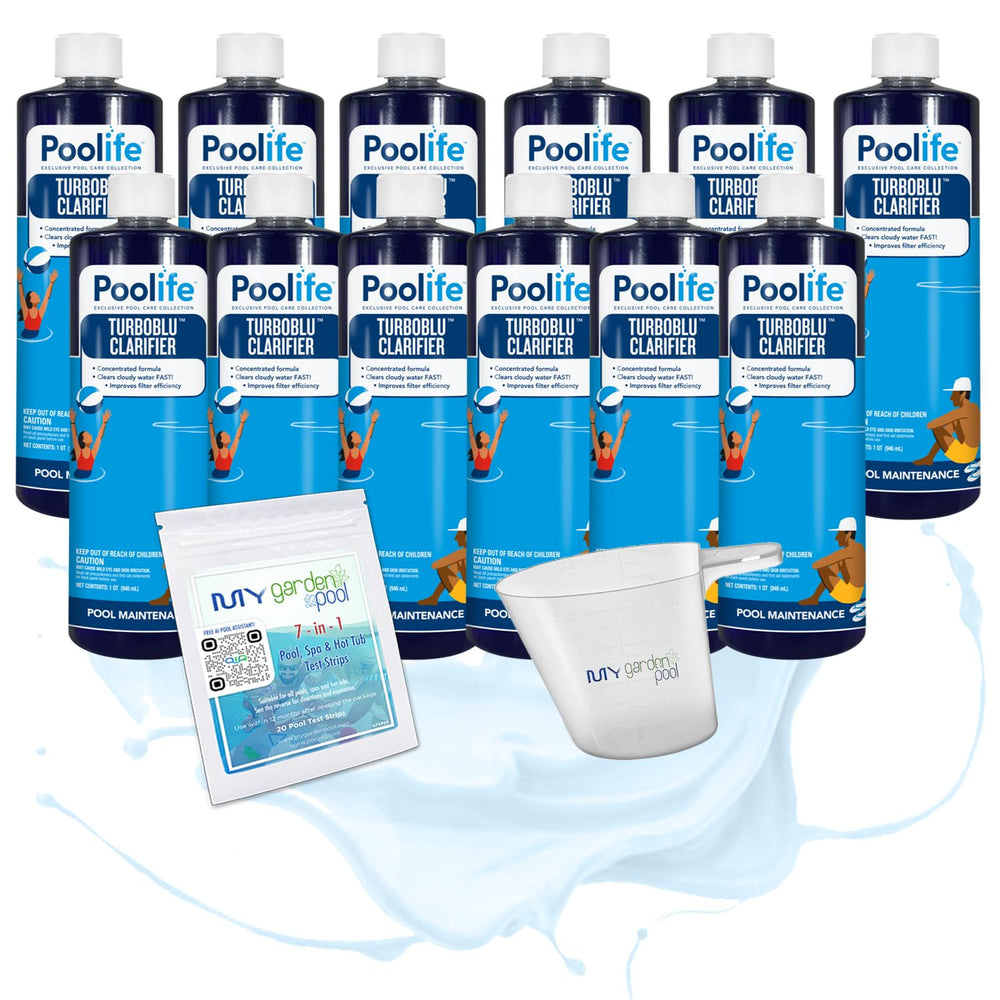 Poolife TurboBlu Clarifier – Concentrated Pool Water Clarifier for Clear Water – Boosts Filter Efficiency – Includes My Garden Pool Scum Socks, 7-in-1 Test Strips & Pool-IQ AI Assistant 12 Pack