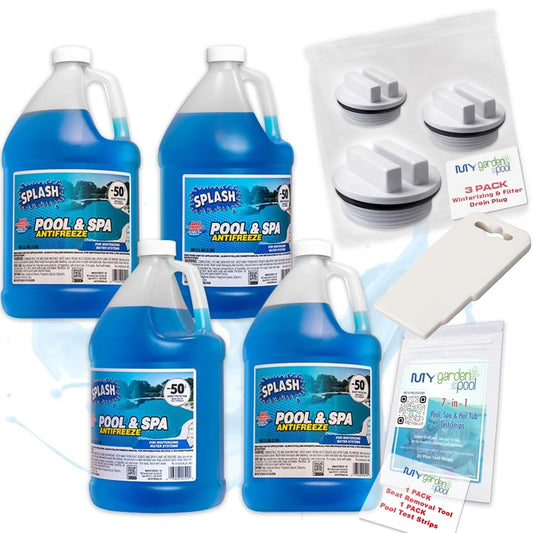 Splash Pool & Spa Antifreeze with My Garden Pool 7 in 1 Test Strips & 1.5" Threaded Pool Spa Return Line Winterizing Plug & Pool Filter Drain Plug & Seat Removal Tool - Winterizing! - 4 Pack
