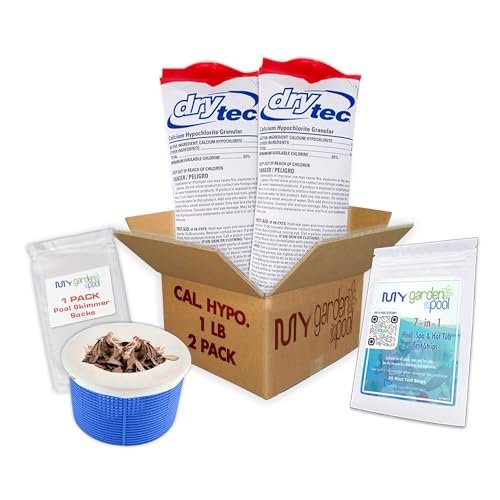 Drytec Calcium Hypochlorite Pool Shock 1 lb. 68% Bag, Complete Pool Care Kit with My Garden Pool Skimmer Sock and 7-in-1 Test Strips, 60 ct. – Powerful Chlorine Shock for Clear Swimming Water (2)