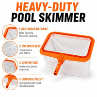 My Garden Pool Rectangular Pool Skimmer Net with Deep Fine Mesh Bag, Includes 2-Pack Skimmer Socks, 20-Count 7-in-1 Pool & Spa Test Strips and Pool-IQ Access, Universal Pole Fit, Made in USA