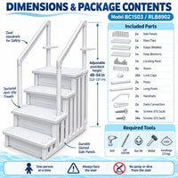 My Garden Pool 4-Step In-Pool Entry Stairs for 48–54 Inch Above-Ground Pools, Dual Handrails, Textured Step Surfaces, 2 Adjustable Deck Connectors and Slotted Side Panels, White