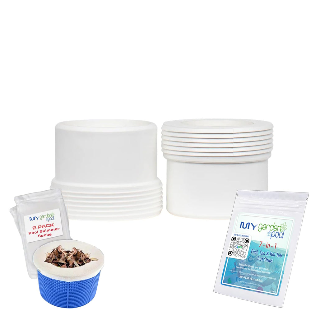Pool Breeze Cal Hypo Feeder 2” MBT x S Tail 72060 – Replacement Part – with My Garden Pool 7 in 1 Test Strips & Scum Socks