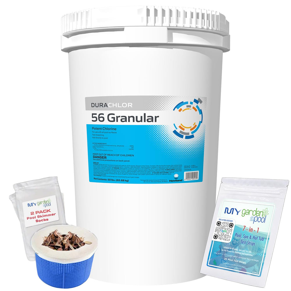 Haviland Durachlor 56 Granular 50 lb with My Garden Pool Scum Socks, Test Strip & Pool-IQ AI Assistant