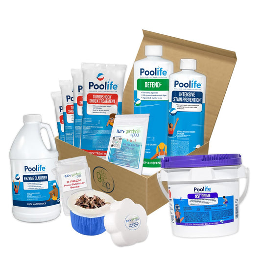 Poolife Super Start-Up Pool Bundle – 4×1 lb TurboShock, 32 oz Defend+, 32 oz Stain Prevention, 64 oz Clarifier, 4.5 lb NST Tabs – with My Garden Pool Skimmer Socks, Scum Sponge & 7-in-1 Test Strips