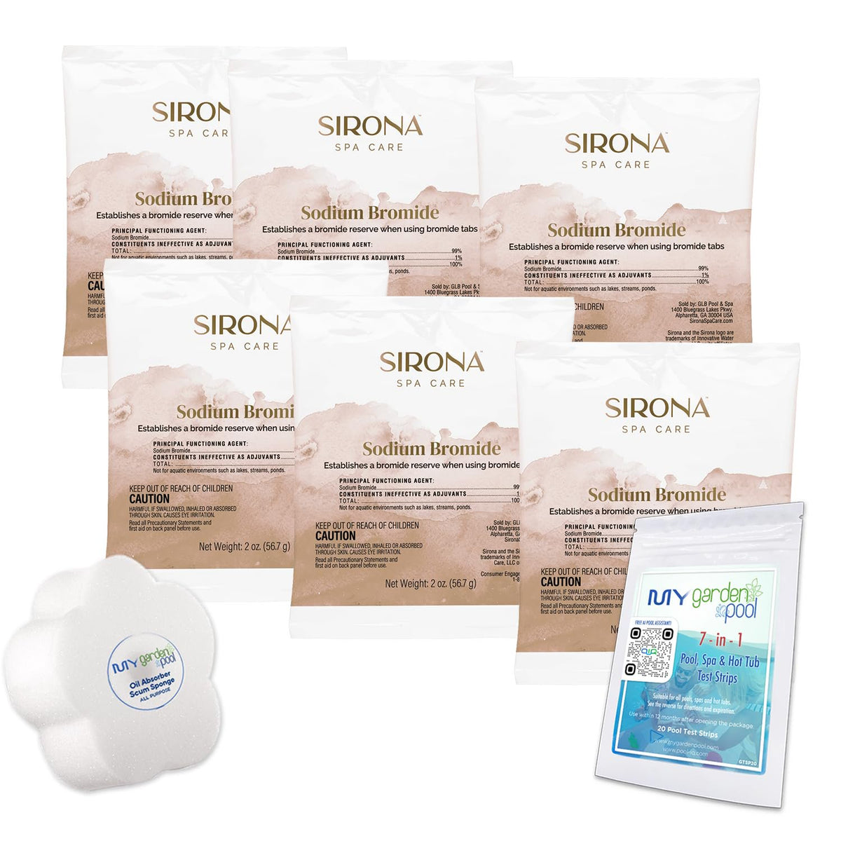 Sirona Sodium Bromide 2 oz – 6 Pack (12 oz Total) – 82130 – Spa Start-Up for Bromine Sanitizer Systems – Includes My Garden Pool Scum Sponge, 7-in-1 Test Strip & Pool-IQ AI Assistant