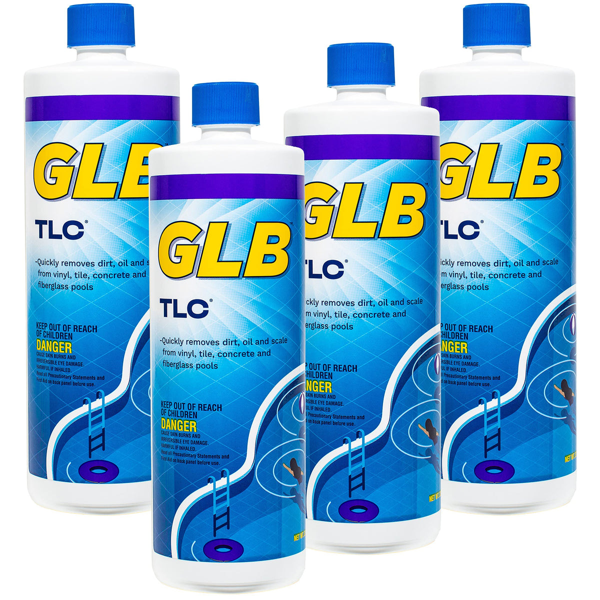 GLB TLC Surface Cleaner 32oz (71028A) 4-Pack with My Garden Pool 7-in-1 Test Strips & Measuring Cup – Restores Shine, Removes Residue & Film