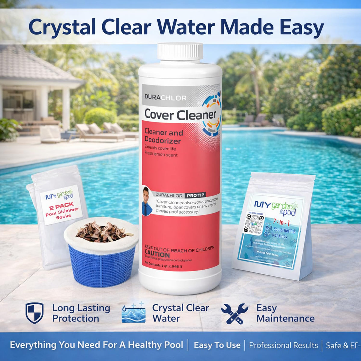Haviland Durachlor Cover Cleaner 1 QT with My Garden Pool Scum Socks, Test Strip & Pool-IQ AI Assistant
