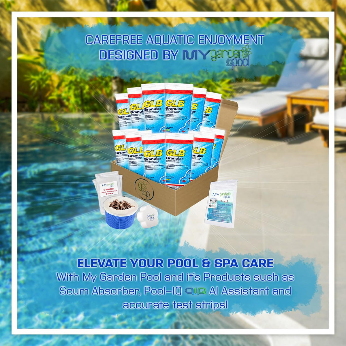 GLB Granular Chlorine 71001A 12 LBS (1 LBS x 12) with My Garden Pool Skimmer Sock and 7-in-1 Test Strips, 20 ct. – Powerful Chlorine Tablets for Clear Swimming