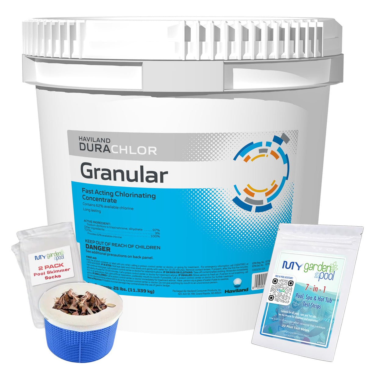 Haviland Durachlor Granular 25 lb with My Garden Pool Scum Socks, Test Strip & Pool-IQ AI Assistant