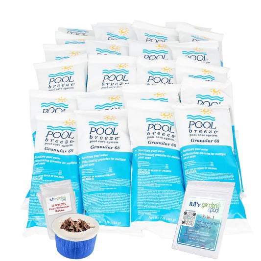 Pool Breeze Granular 68 88475 – 24 lb – Convenient Case Pack Chlorine – with My Garden Pool 7 in 1 Test Strips & Scum Socks