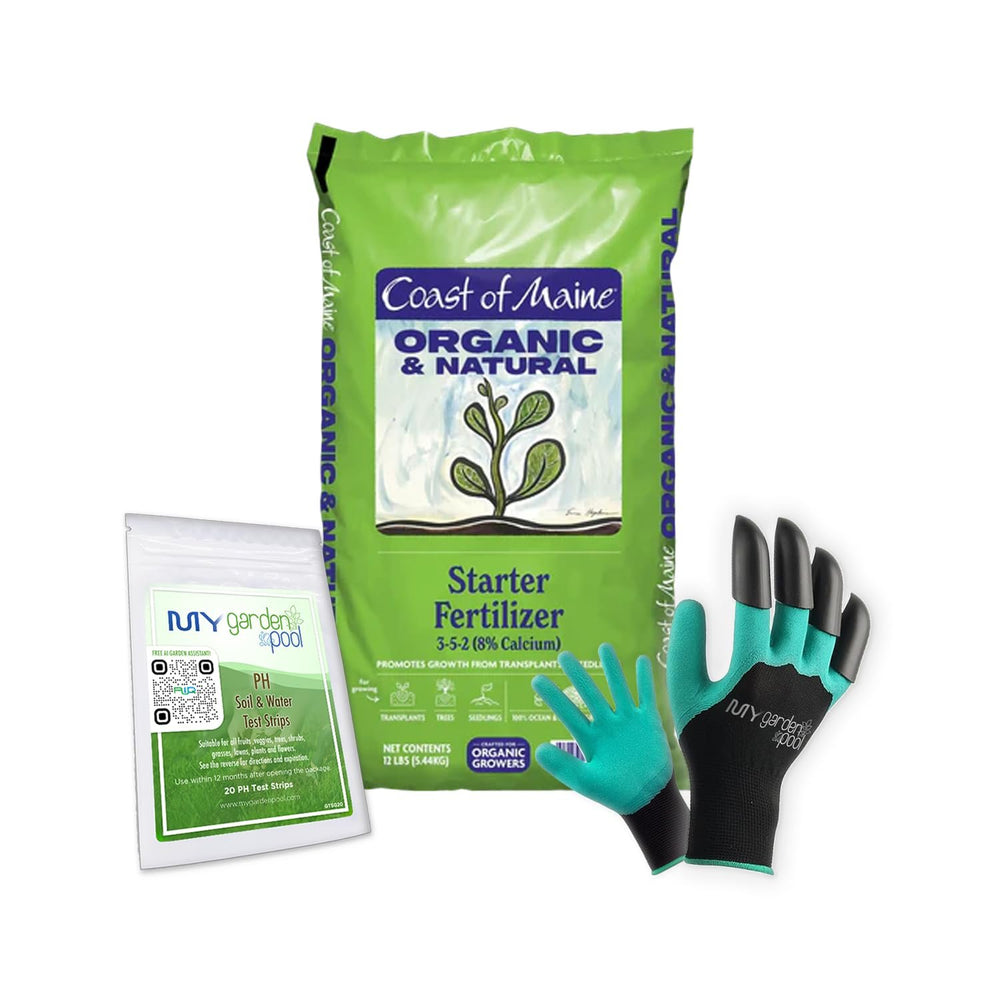 Coast of Maine SF6501 Starter Fertilizer 12 LB – Organic Garden Soil Starter Blend with My Garden Pool Soil Test Strips & Gardening Claw Gloves