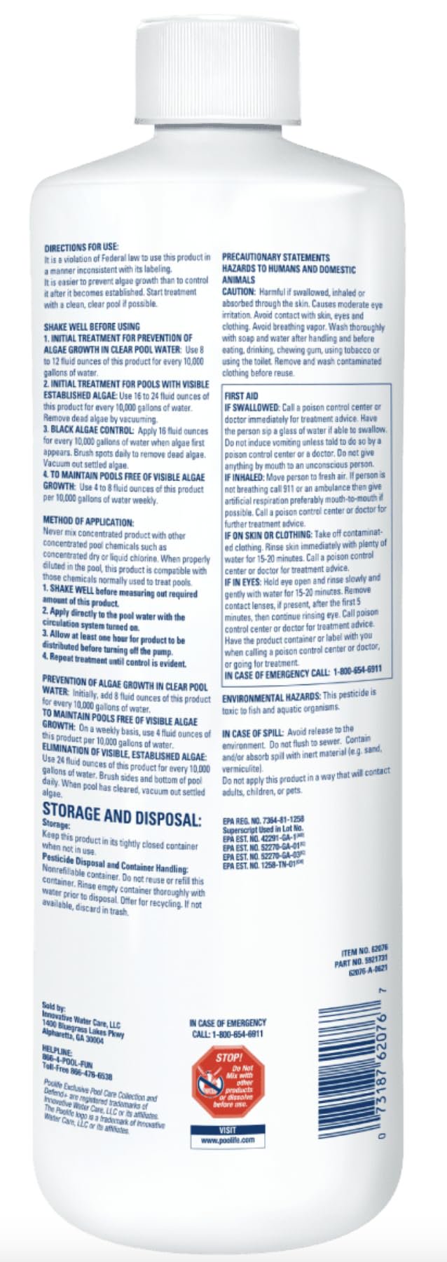 Poolife Defend+ 32 fl oz – 3-in-1 Pool Algae Protection – Clarifier + Preventative Shield – Includes Easy Measuring Cup, 7-in-1 Test Strips and Pool IQ - AI 4 Pack