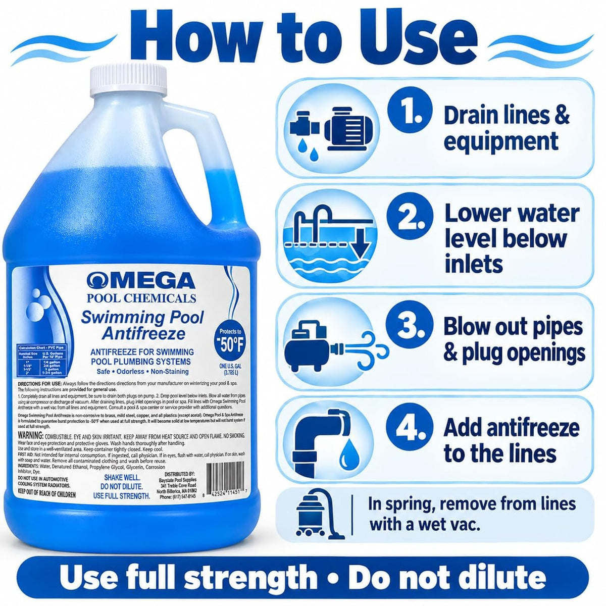 Omega Swimming Pool Antifreeze 1 Gallon, Protects to -50°F, Pool Plumbing Winterizer – Includes My Garden Pool 2 Filter Drain Plugs, Seat Removal Tool, 7-in-1 Test Strips & Pool-IQ Access