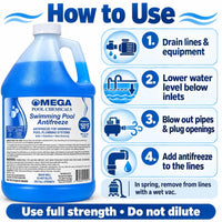 Omega Swimming Pool Antifreeze 1 Gallon, Protects to -50°F, Pool Plumbing Winterizer – Includes My Garden Pool 2 Filter Drain Plugs, Seat Removal Tool, 7-in-1 Test Strips & Pool-IQ Access