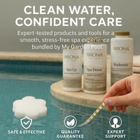 Sirona Chlorine Cold Plunge Kit – Spa Up, Spa Down, Replenish (Balancers & Oxidizer) – with My Garden Pool Scum Sponge & 7-in-1 Pool & Spa Test Strips (20 ct) – Water Balance for Cold Plunge Tubs